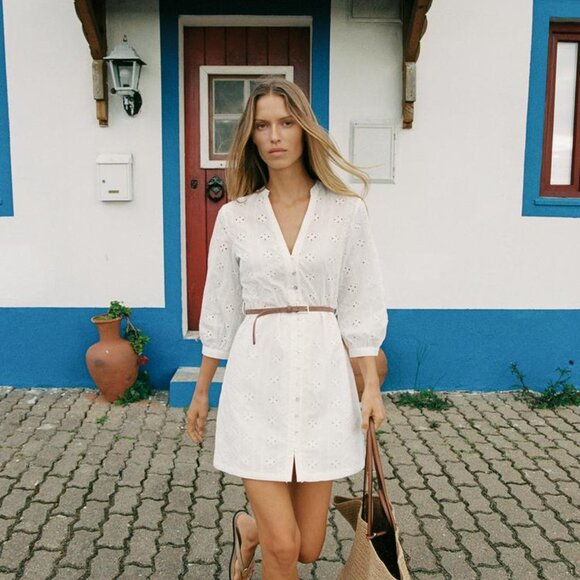 Zara White Eyelet Mini Dress Belted, Embroidered, Organic Cotton, Size Large NWT - Picture 1 of 13